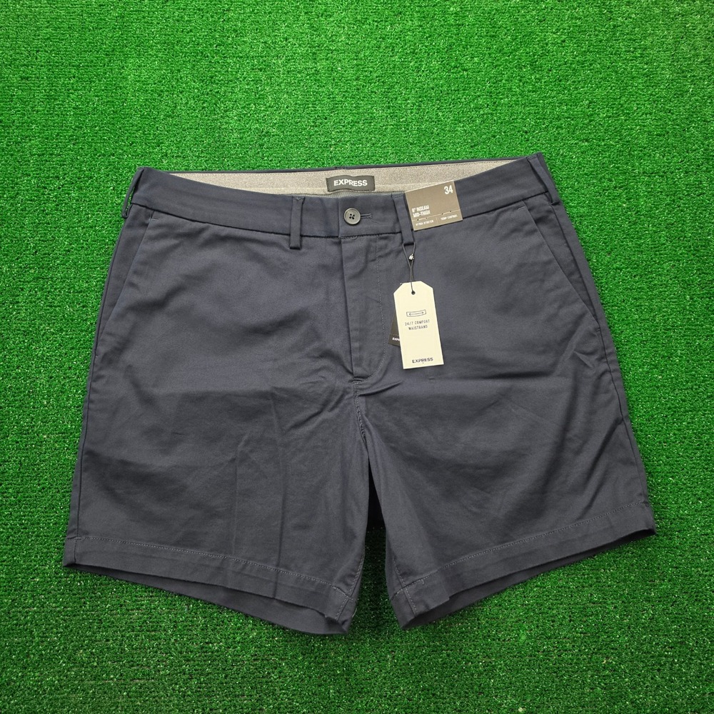 Express Hyper Stretch Temp Control 6" Inseam Chino Shorts Mens 34 Navy Black NWT